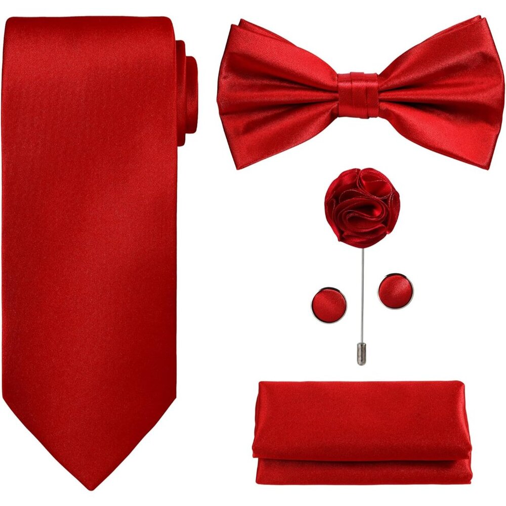 TIE G 5pcs Tie Set in WHITE OR BLACK GIFT BOX: Solid Color Necktie, Satin Bow Ti